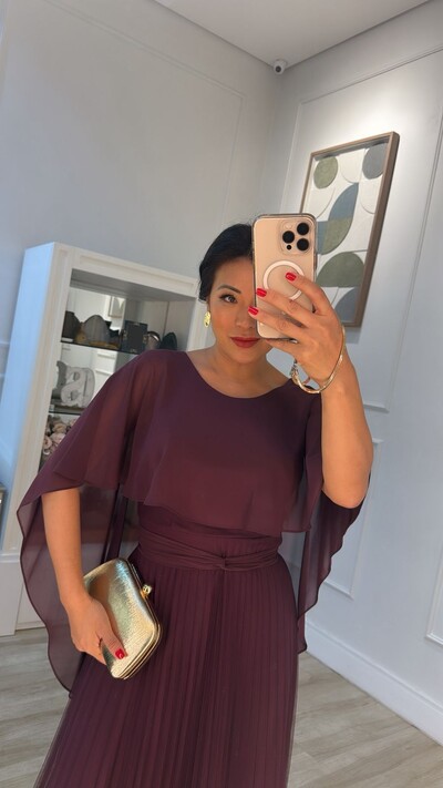 FotoVestido Longo Mangas Em Echarpe Vivi Saia Plissada Em Tule