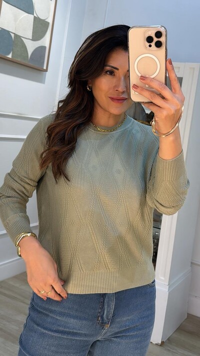 FotoBlusa Tricot Monica Losangos E Nervuras Com Entremeios Na Vertical