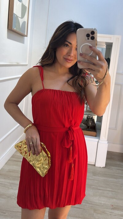 FotoVestido Curto Balone Chiffon Plissado Alice Com Cinto Faixa Com Tassel