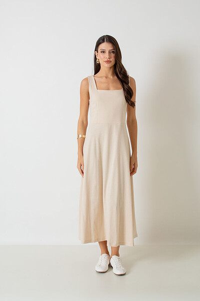 Foto Vestido Midi Decote Reto Barbara Alças Largas