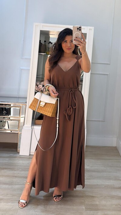 Foto Vestido Longo Decote V Mariah Cinto Corda Detalhe Folha