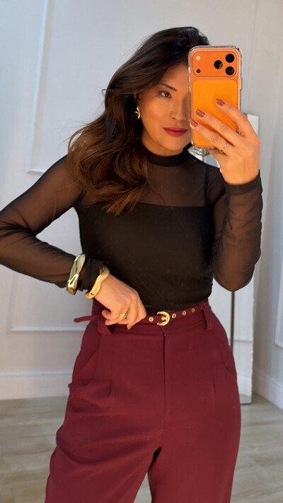 FotoBlusa Tule Mangas Longas Faby Drapeado Lateral