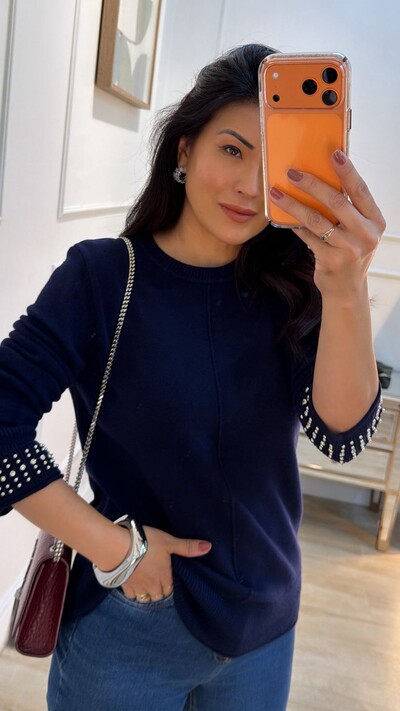 FotoBlusa Tricot Nervura Frontal Taty Punhos Com Aplicações