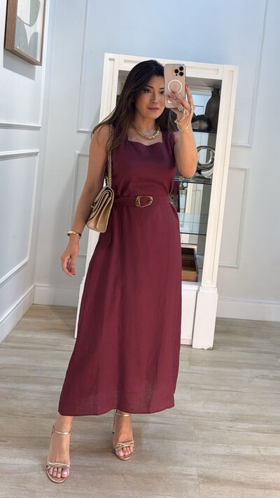 Foto Vestido Midi Linho Decote Reto Larissa Cinto Fivela Resinada