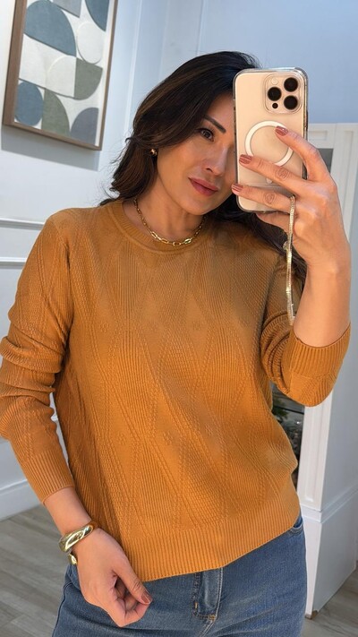 FotoBlusa Tricot Monica Losangos E Nervuras Com Entremeios Na Vertical