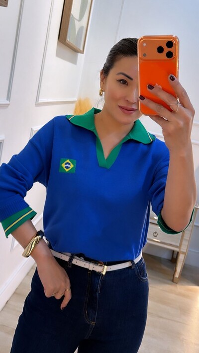 FotoBlusa Tricot Brasil Gola Polo Fernanda Mangas Longas