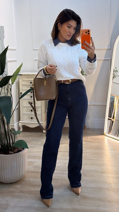 Foto Blusa Tricot Mangas Longas Lívia Losangos Texturizados Frontais