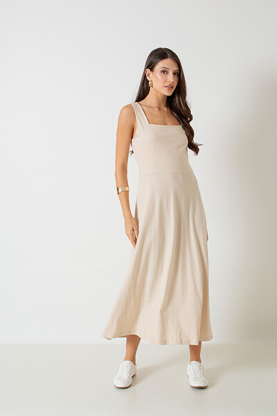 FotoVestido Midi Decote Reto Barbara Alças Largas