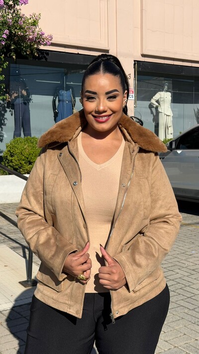 FotoParka Casaco Suede Sandy Capuz Com Gola De Pelo