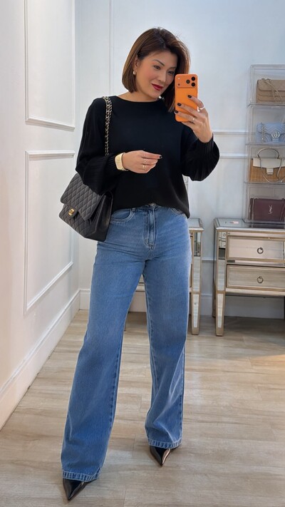 Foto Blusa Tricot Thalita Mangas Bufantes Com Nervuras Caneladas