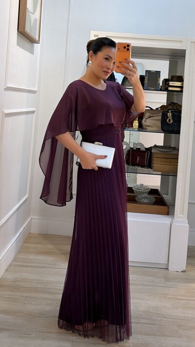 FotoVestido Longo Mangas Em Echarpe Vivi Saia Plissada Em Tule