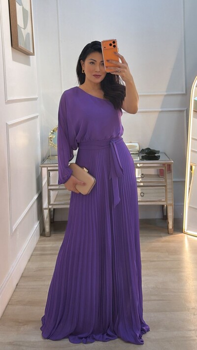 Foto Vestido Longo Plissado Carla Manga Única Com Cinto Faixa