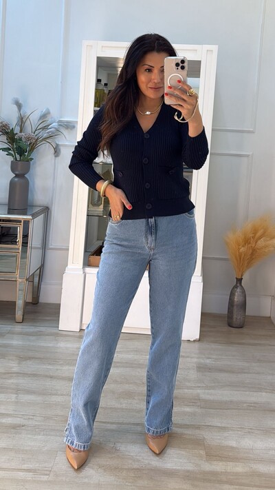 Foto Cardigan Curto Canelado Rayane Bolsos Quadrados Frontais