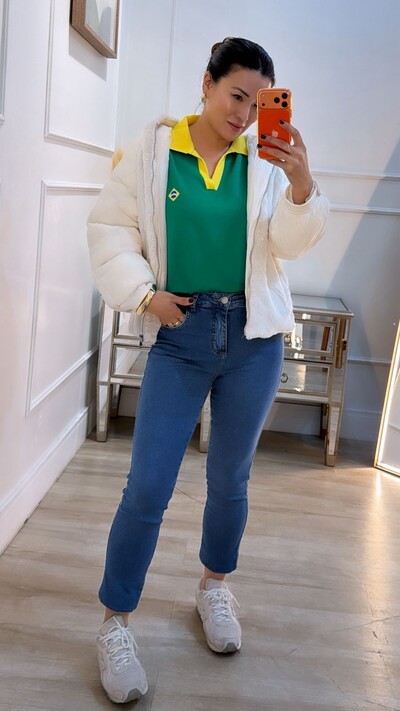 Foto Jaqueta Casaco Puffer Nylon Com Teddy Estella Mangas Bufantes