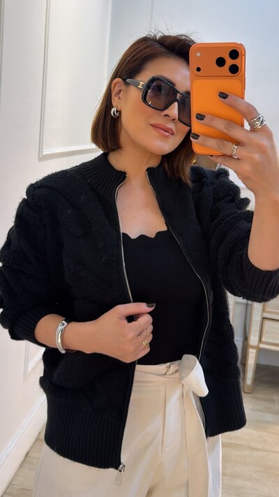 Foto Jaqueta Casaco Tricot Gola Alta Nicolly Nervuras Em Relevo