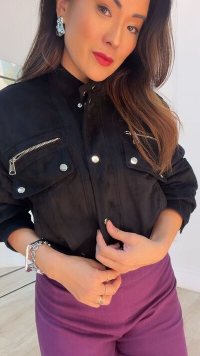 FotoJaqueta Casaco Curto Suede Maysa Bolsos Fake Com Lapela E Zíper