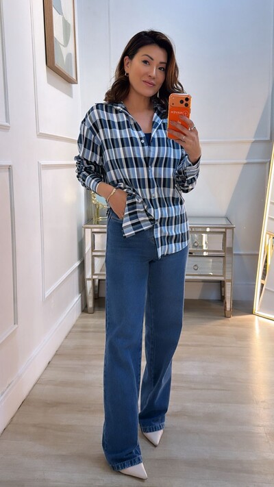 Foto Camisa Xadrez Júlia Mangas Longas Punhos Largos