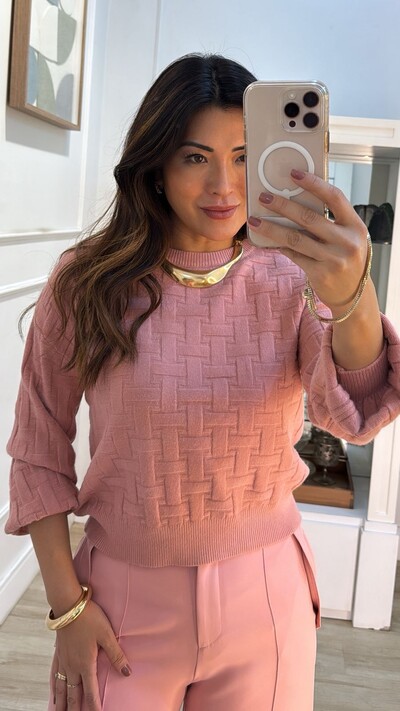 FotoBlusa Tricot Detalhes Entrelaçados Aline Mangas Bufantes