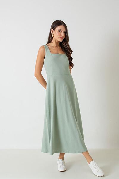 FotoVestido Midi Decote Reto Barbara Alças Largas