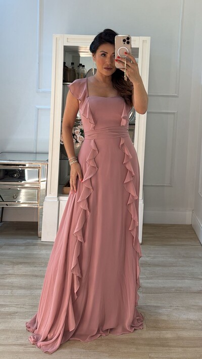 Foto Vestido Longo Decote Coração Detalhe De Babado Zoe Com Cinto Faixa