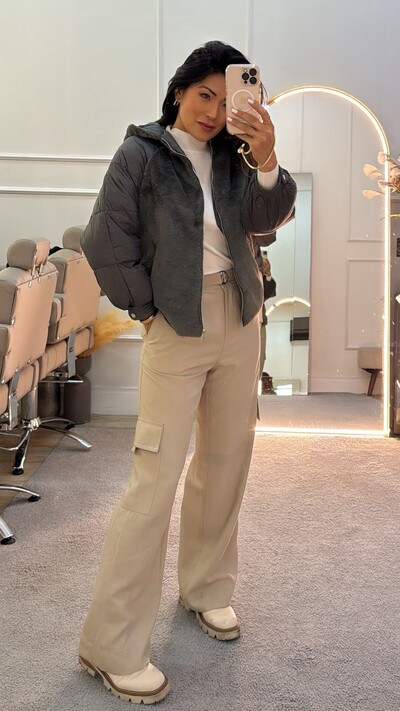 FotoJaqueta Puffer Nylon Com Teddy Estella Mangas Bufantes