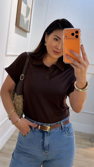 FotoCamisa Polo Texturizada Gabriela Mangas Detalhe Dobrado