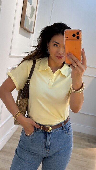 FotoCamisa Polo Texturizada Gabriela Mangas Detalhe Dobrado