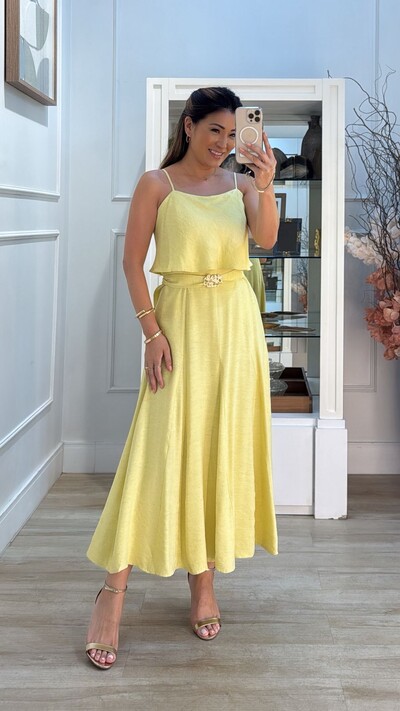 Foto Vestido Midi Mescla Evasê Antonella Cinto Faixa Fivela Flores Duplas Douradas