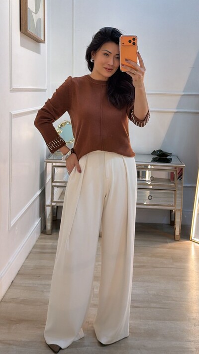 Foto Blusa Tricot Nervura Frontal Taty Punhos Com Aplicações