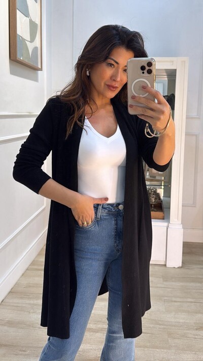 FotoMaxi Cardigan Tricot Denise Bolsos E Nervuras Caneladas Frontais