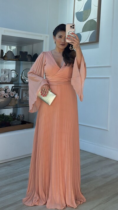 Foto Vestido Longo Plissado Noemia Fio De Brilho Mangas Evasê