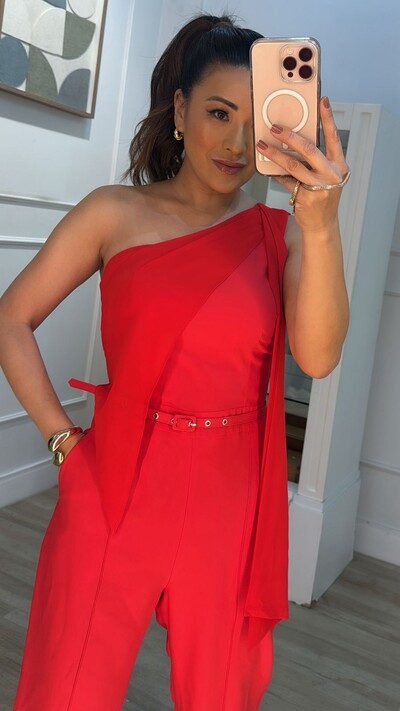 FotoMacacão Twill Ombro Único Detalhe Em Chiffon Mary Cinto Fino