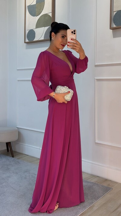 FotoVestido Longo Decote V Transpassado Sophia Fenda Frontal Com Cinto Faixa
