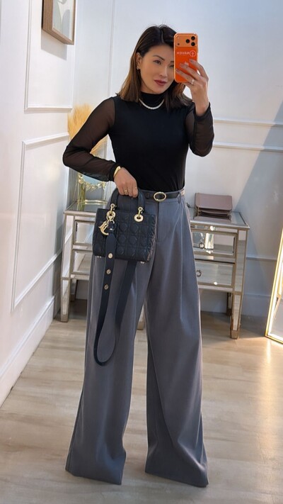 Foto Calça Pantalona Alfaiataria Lindsay Cinto Fino Couro Eco