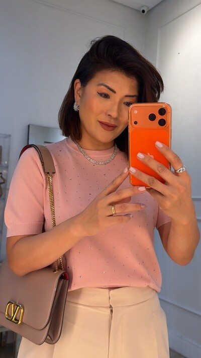 Foto Blusa Tricot Mangas Curtas Raissa Detalhe Frontal Em Strass