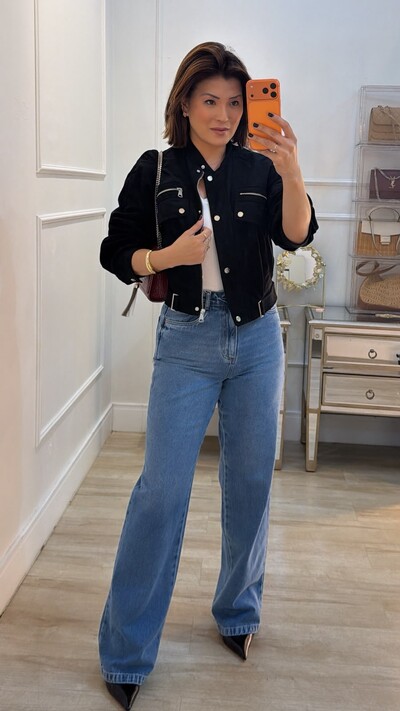 Foto Jaqueta Casaco Curto Suede Maysa Bolsos Fake Com Lapela E Zíper
