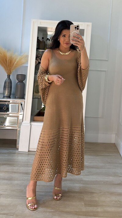 Foto Vestido Midi Tricot E Cardigan Curto Com Entremeios Aretha