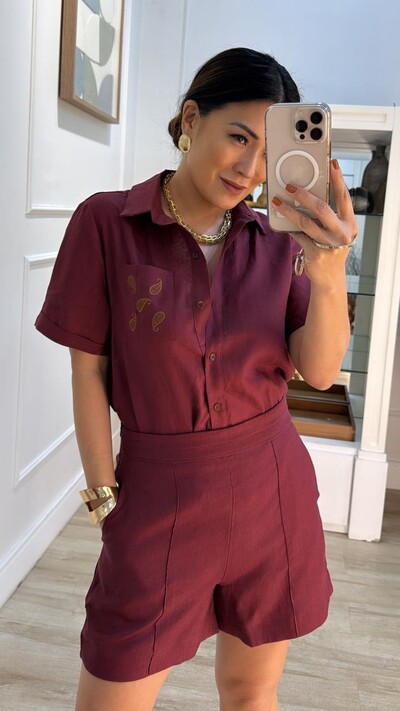 FotoShorts Curto Linho Graziela Pregas Na Pala