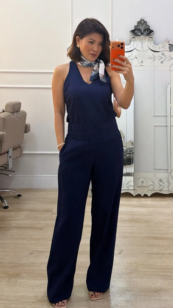 Calça Reta Viscose Beatriz Pala Larga Com Elástico Franzido