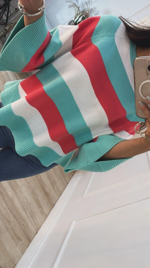 Poncho Tricolor Listrado Cindy Mangas Amplas