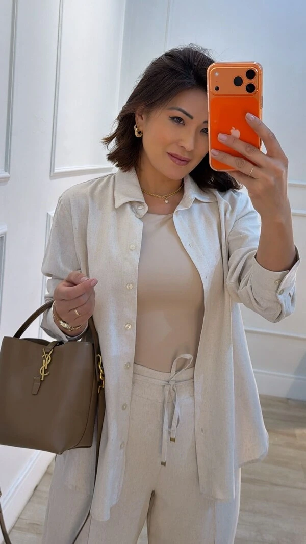 Conjunto Viscose Com Linho Pamela Calça Pantalona E Camisa