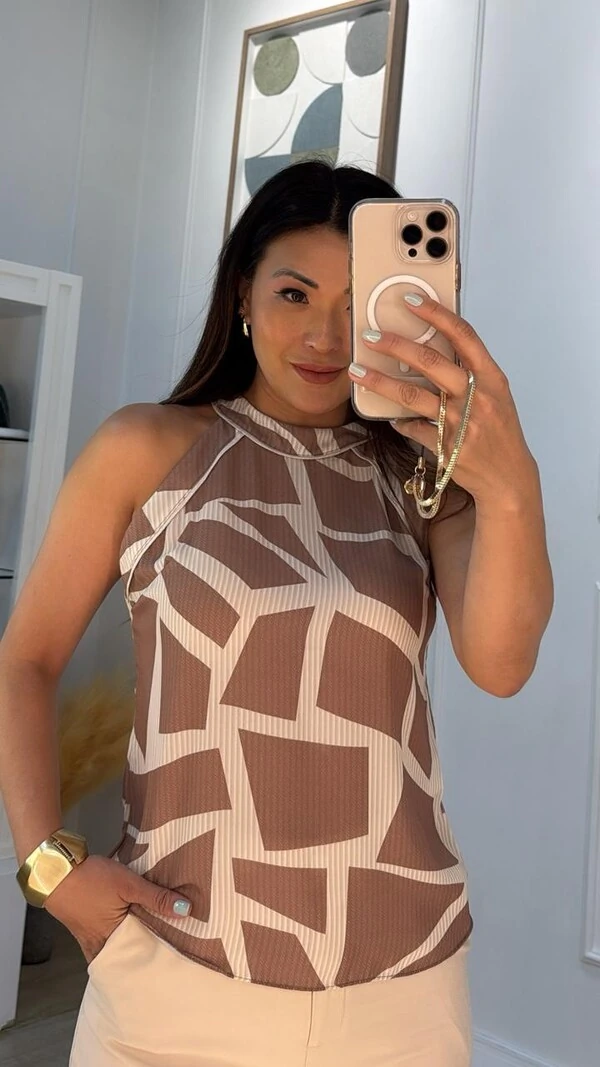 Blusa Regata Cavada Bicolor Jessica Detalhe Vivo Em Linho