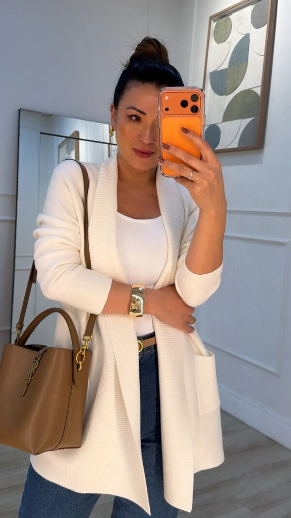 Cardigan Tricot Melina Detalhe Canelado E Bolsos Quadrados