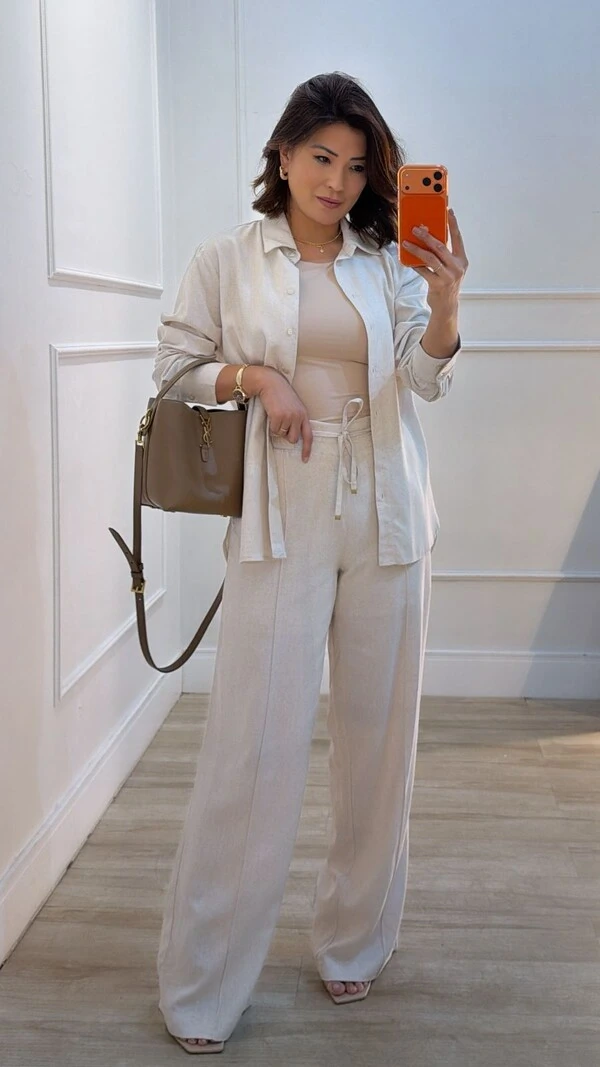 Conjunto Viscose Com Linho Pamela Calça Pantalona E Camisa