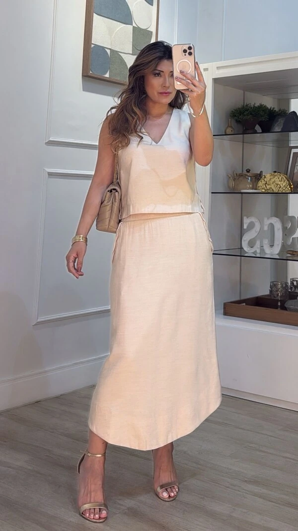 Saia Midi Bolsos Detalhe Trançado Esther Barrado Arredondado