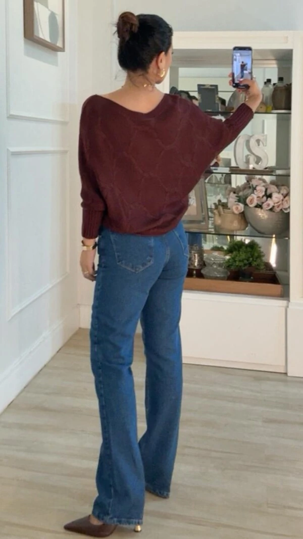 Blusa Morcego Tricot Nádia Punhos Largos Canelados