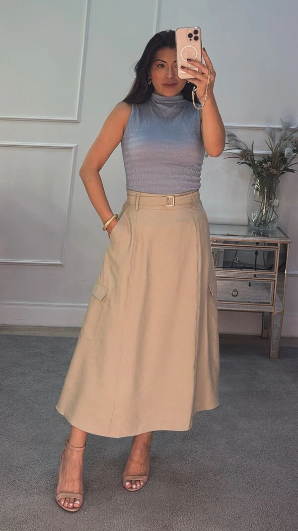 Saia Midi Cargo Twill Raquel Cinto Pespontado Fivela Dourada