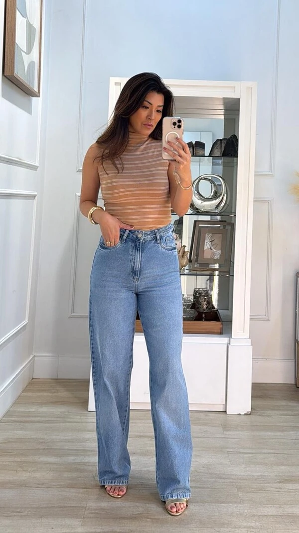 Blusa Regata Cavada Listrada Flavia Gola Média