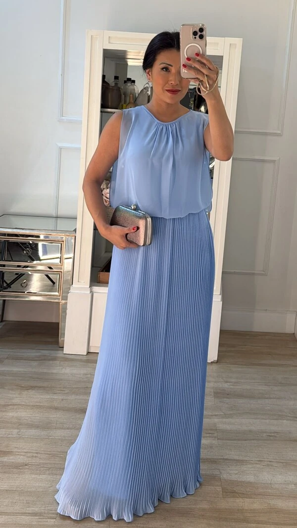 Vestido Longo Blusado Crepe Decote Canoa Com Detalhe Franzido Grace Saia Plissada