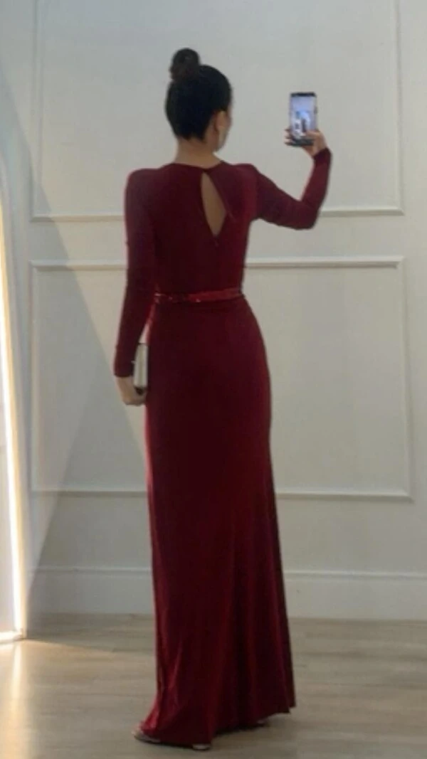 Vestido Longo Mangas Longas Jamile Cinto De Paetê